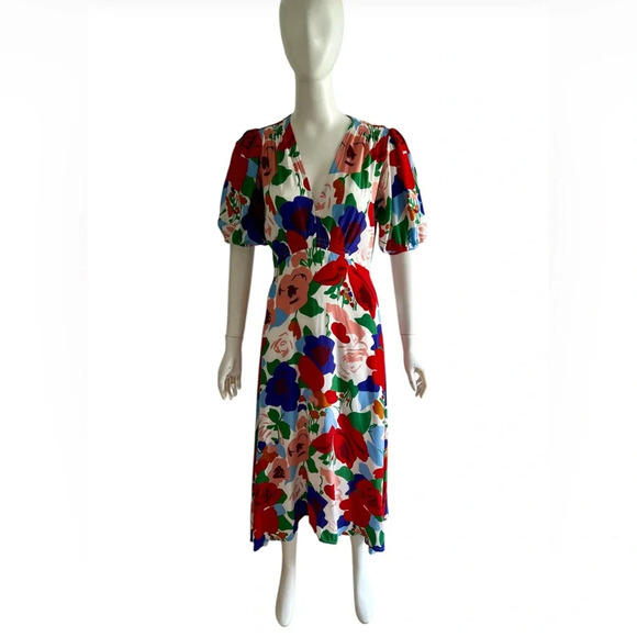 Faithfull The Brand Vittoria Anita Floral Midi Dress Puff Sleeve Back Zip Sz 4 S - Picture 2 of 9